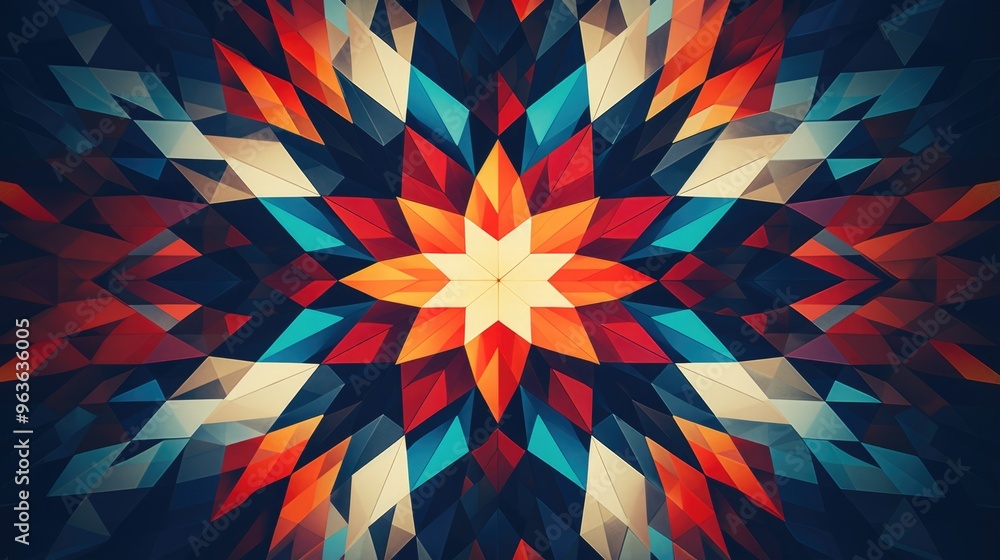 Poster a vibrant and abstract geometric pattern with a kaleidoscope effect, featuring a mix of warm and coo
