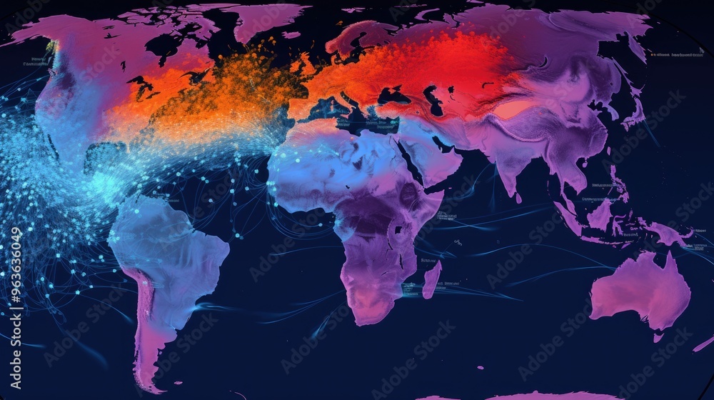 Poster a vibrant and abstract world map with glowing lines connecting continents.