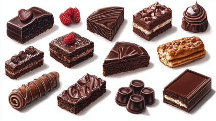 Obraz premium Show a tempting array of chocolate desserts: cakes, brownies, molten lava cakes, and éclairs. Arrange them to highlight their rich, gooey textures.