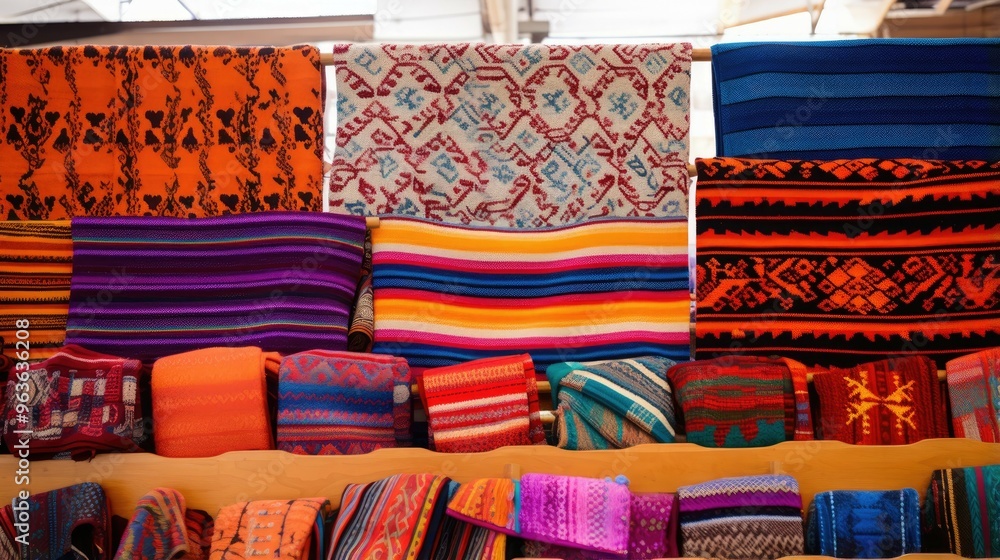 Poster a vibrant display of colorful woven textiles with intricate patterns.