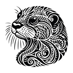 otter in zentangle art, stencil logo, black and white animal illustration