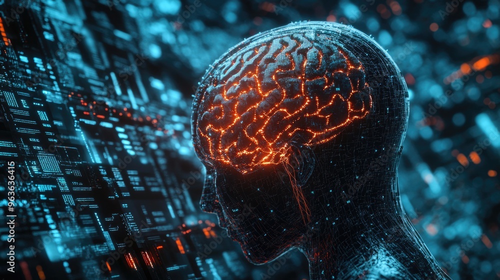 Aufkleber a brain is shown in a computer screen with a blue background. the brain is surrounded by a network o