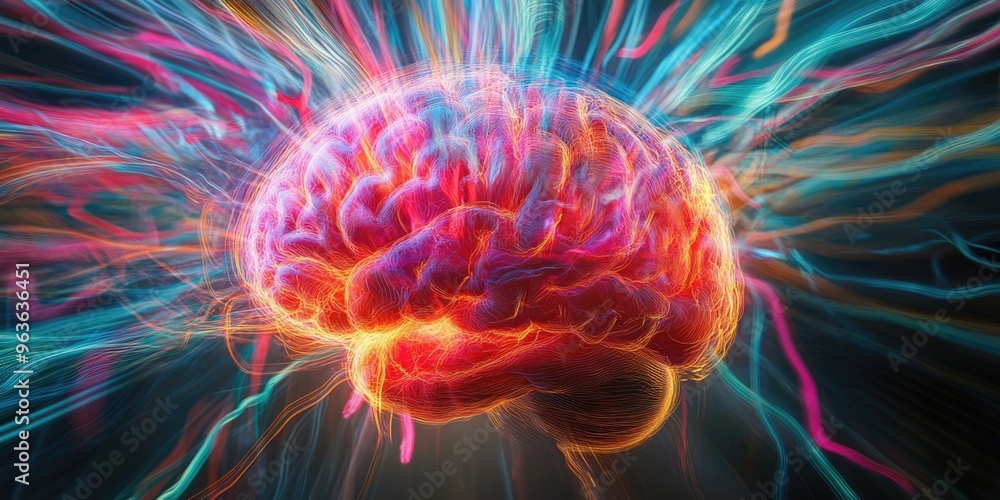 Poster a brain with colorful strands surrounding it. the brain is red and yellow. the image is abstract and
