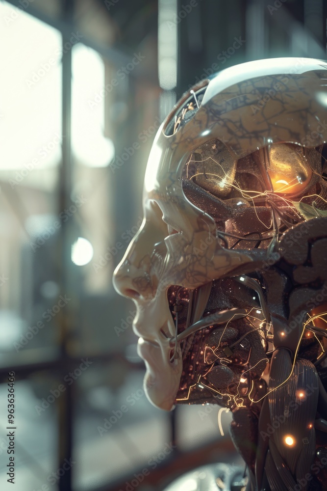 Poster a robot head with a skull on it. the robot head is made of metal and has a lot of wires coming out o