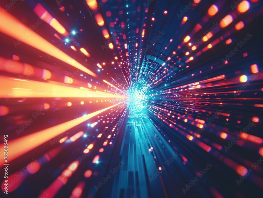 Poster a bright blue and orange light is shooting out of a tunnel. the tunnel is filled with many small lig