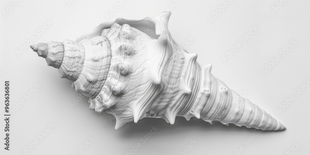 Poster a white shell with a pointed tip and a spiral pattern. the shell is the only thing visible in the im