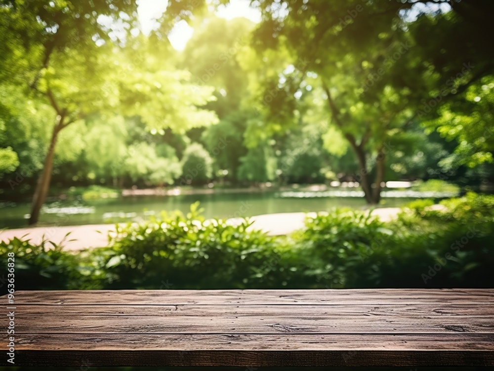 Poster a wooden table with a view of a park and a pond. the table is empty and the view is serene and peace