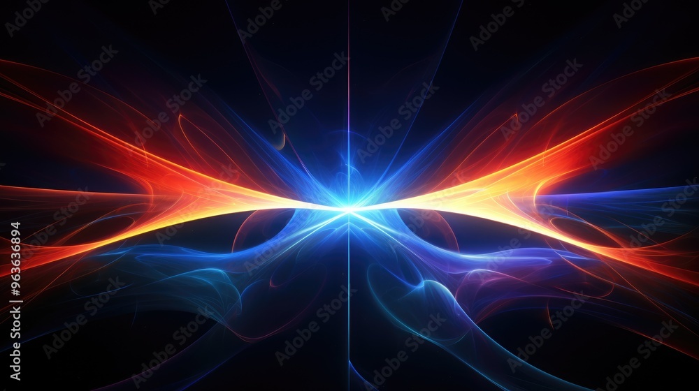 Poster abstract background with glowing lines of light in blue and red. the lines are curved and create a s