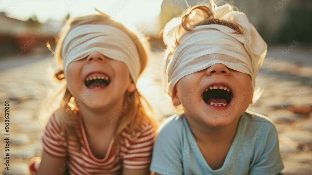 Poster two young children are playing a game of hide and seek, with one of them wearing a blindfold. they a