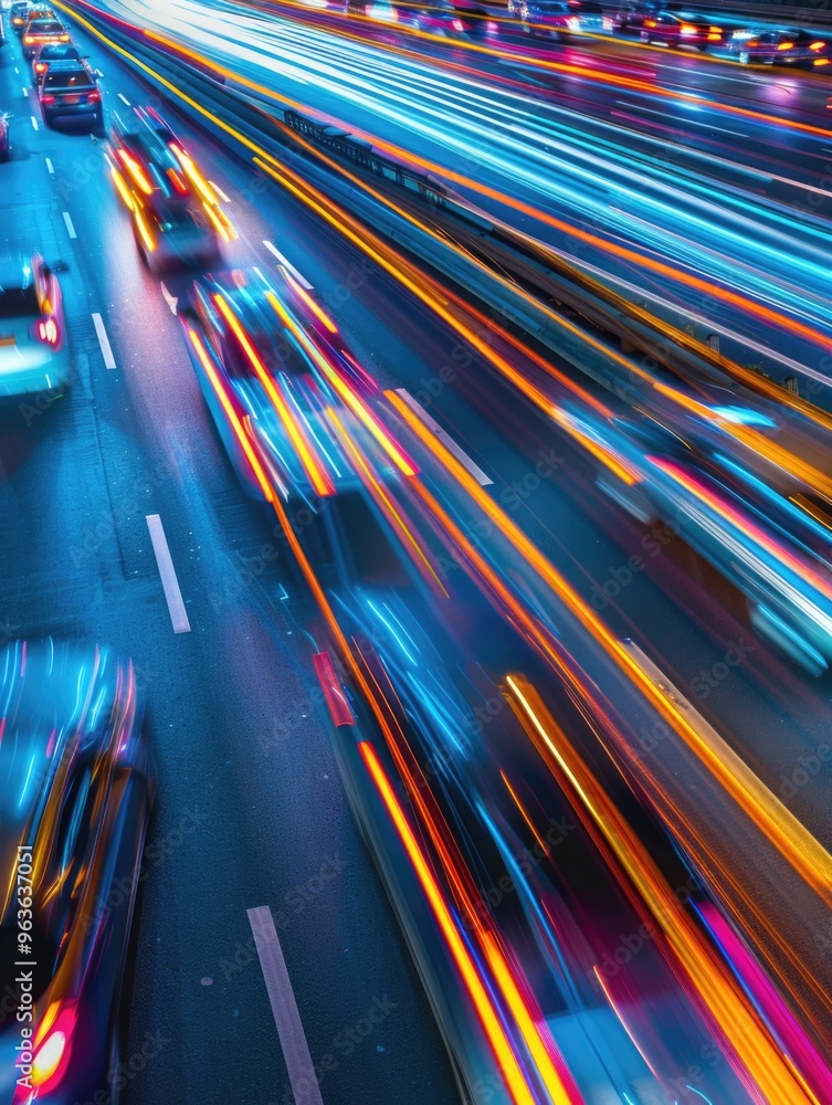 Poster a blurry image of a busy highway with cars and a few trucks. the image is a representation of the fa