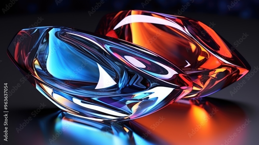 Poster abstract colorful glass shapes with vibrant reflections, creating a dynamic and eye-catching composi