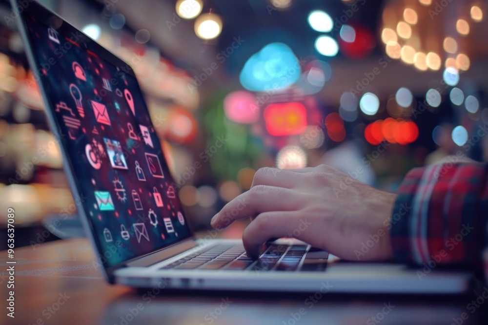 Poster a person is typing on a laptop with a screen that has a lot of icons and a lot of different colors. 