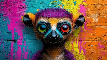   A close-up of a monkey with vibrant paint on its face and a brick wall in the backdrop