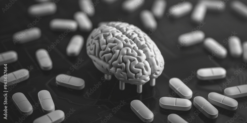 Poster a brain is surrounded by many pills. concept of confusion and disarray, as if the brain is strugglin