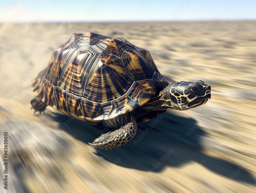 Poster a turtle is running across a sandy beach. the turtle is brown and black with a pattern on its shell.