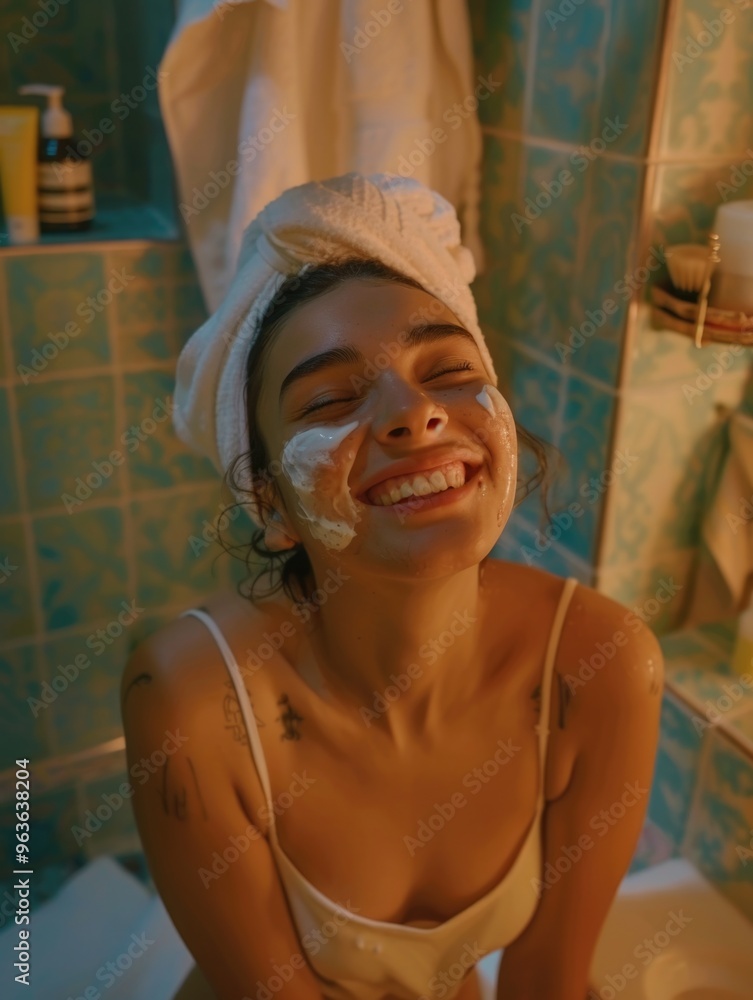 Wall mural A woman is smiling while applying makeup in a bathroom. She is wearing a white towel and a white tank top