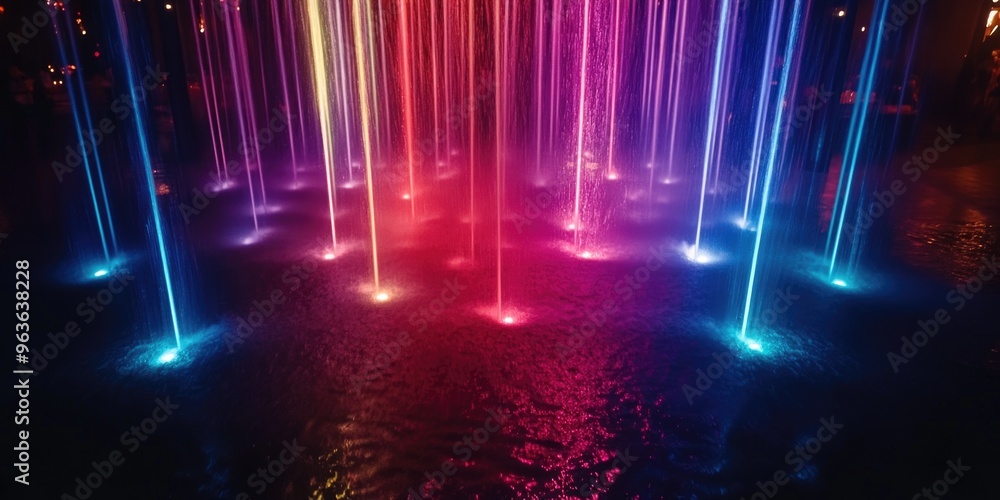 Poster a colorful display of water jets shooting out of the ground. the water jets are in different colors 