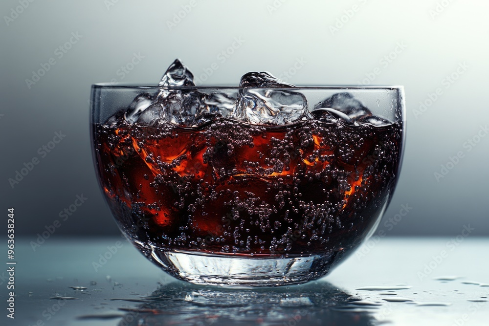 Poster a glass bowl filled with ice and soda. the ice cubes are floating in the soda, creating a refreshing