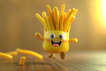 Cute 3D Running Cartoon French Fry Character, Adorable and Playful, Golden Yellow Colors