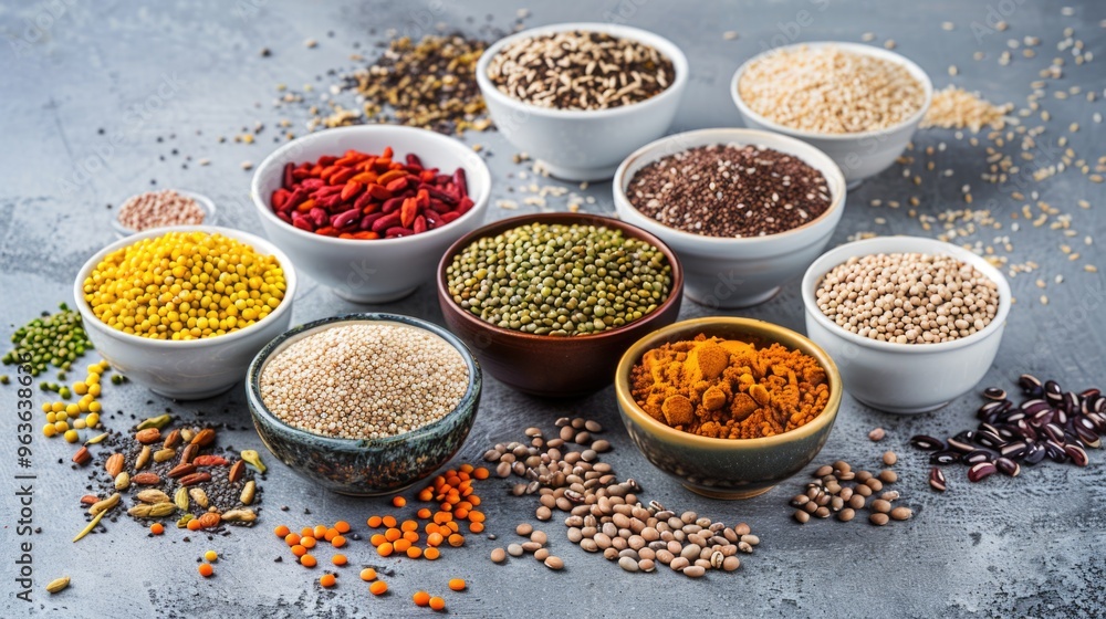 Poster a variety of different colored beans and nuts are displayed in bowls on a gray surface. the bowls ar