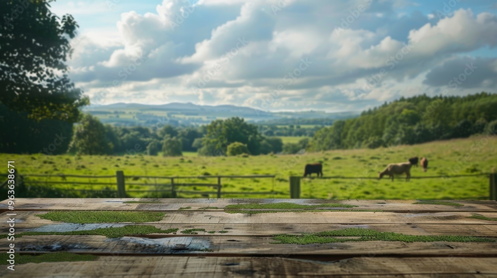 Poster a wooden table with a fence in the background and cows grazing in the field