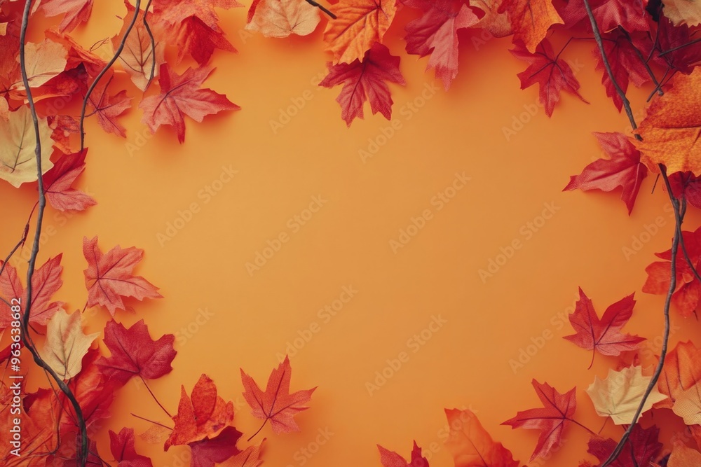 Poster a frame of orange leaves with a yellow background. the leaves are arranged in a circle and are of di