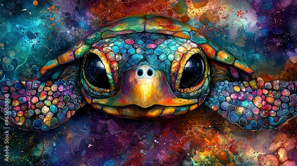 Poster a painting of a turtle's face with bubbles covering its body and head centered inside its shell
