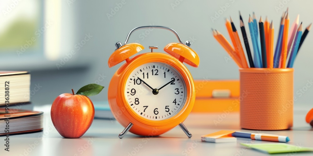 Poster a clock with the hands on the number 3 and 6 sits on a table next to a pencil case and a book