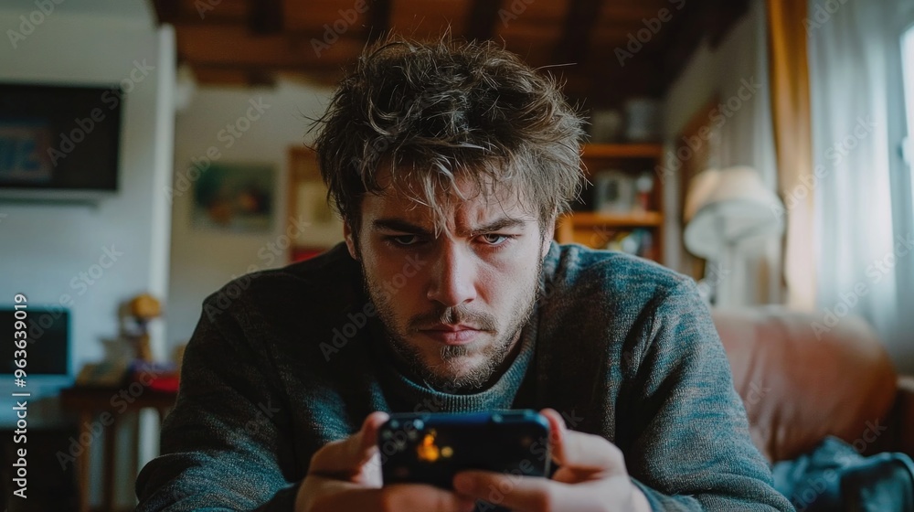 Poster a man is playing a video game on his phone while sitting on a couch. he is wearing a sweater and he 