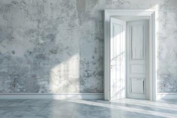 A white door with a wooden frame is open in a room with a white wall. The door is the only piece of furniture in the room. The room is empty and has a minimalist feel