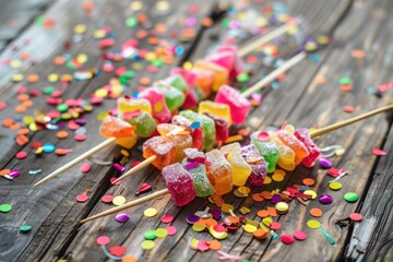 Fototapeta premium A bunch of colorful candy sticks with a lot of colorful confetti on the ground. The confetti adds a festive and celebratory touch to the scene