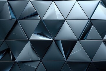 Obraz premium A wall of triangles in a blue color. The triangles are cut out and overlapping each other. The wall is made of metal and has a modern look