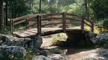 Fototapeta premium A wooden bridge spans a river with a rocky shoreline. The bridge is old and weathered, but it still stands strong. The surrounding area is lush and green, with trees and bushes lining the riverbank