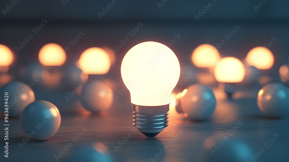 Poster glossy 3d led bulb with a warm glow beside a simple image