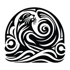 sea lion with art nouveau decoration, stencil logo, black and white animal illustration