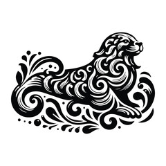 Fototapeta premium sea lion with victorian flourish decoration, stencil logo, black and white animal illustration