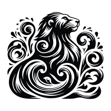 recommend clip art: sea lion with victorian flourish decoration, stencil logo, black and white animal illustration