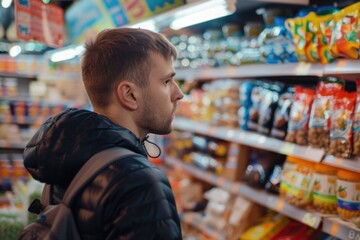 Fototapeta premium A man is shopping in a grocery store. He is looking at the snack aisle. The man is wearing a black jacket and a backpack