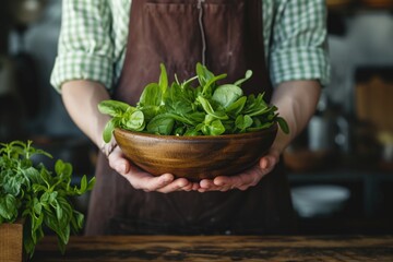 A person is holding a bowl of greens in their hand. The greens are fresh and healthy, and the person is wearing an apron