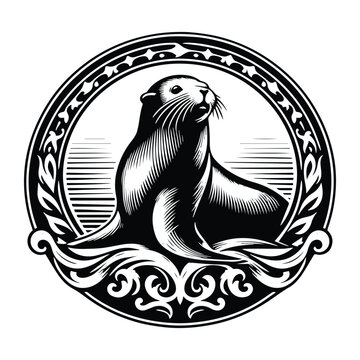 recommend clip art: Seal with victorian flourish decoration, stencil logo, black and white animal illustration