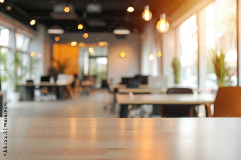 Poster a large open office space with a wooden table in the middle. the table is surrounded by chairs and h