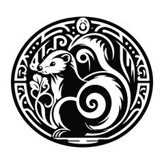 Skunk with art nouveau decoration, stencil logo, black and white animal illustration
