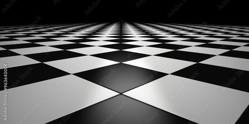 Aufkleber a black and white checkered floor with a shiny surface. the floor is empty and has no people or obje