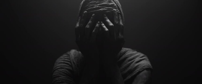 A mummy of a woman holds her hands on her face in the full of desperation pose 