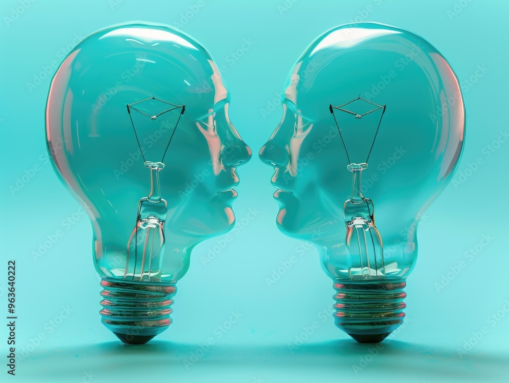 Poster two faces are shown inside of a light bulb. concept of connection and unity between the two people