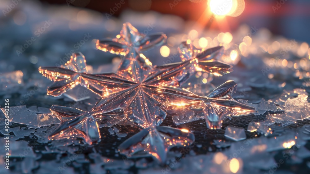 Poster a snowflake is on a surface with a lot of ice and snow. the snowflake is very clear and shiny, and i