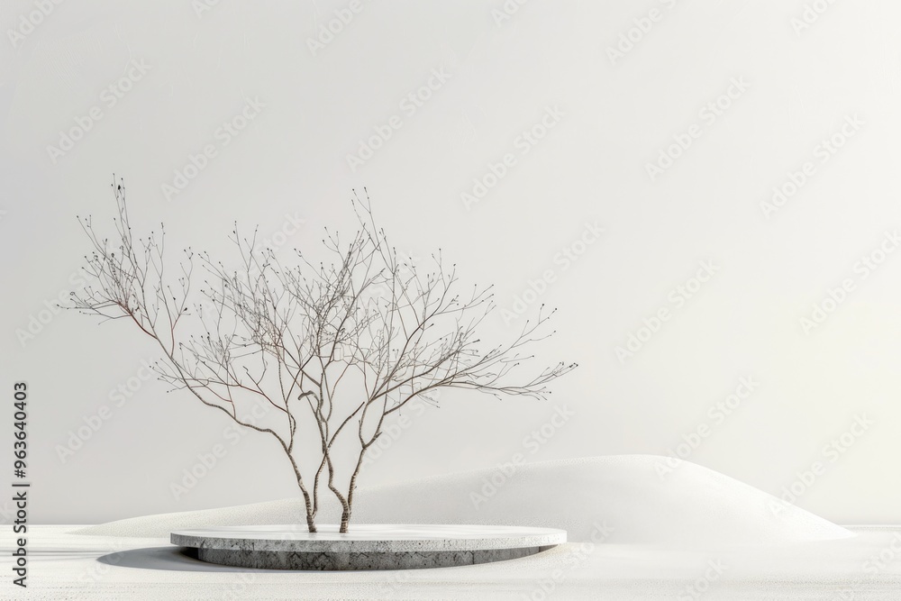 Aufkleber a tree is standing in a snow-covered field. the image has a serene and peaceful mood, with the tree 