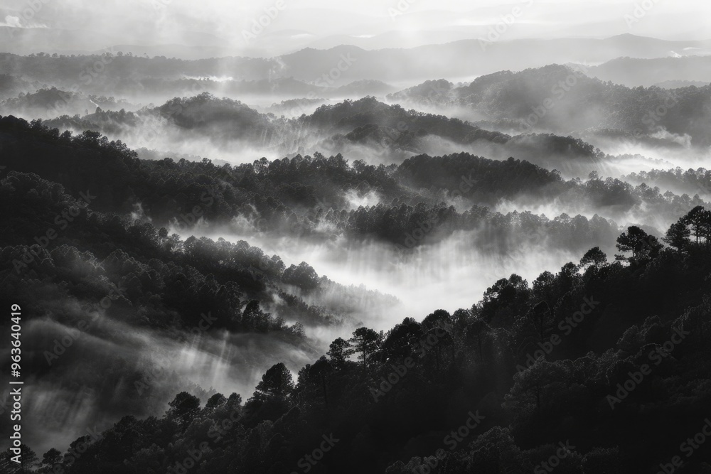 Poster the image is a black and white photo of a mountain range with foggy clouds. the clouds are scattered