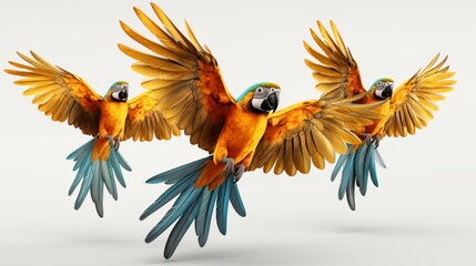 Obraz premium Collection of three birds, flying macaw parrots set (red, blue and blue-and-yellow) isolated on white background as transparent PNG