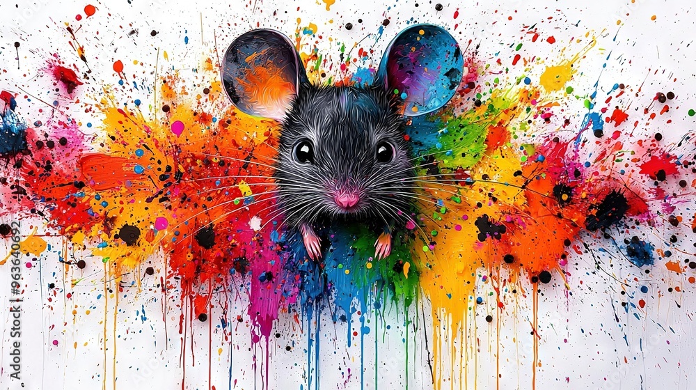 Poster a painting of a mouse with multicolored paint splatters on its face and a mouse's head emerging from